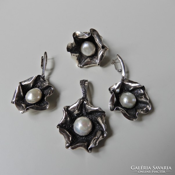 Régi lengyel kézműves ezüst ékszer szett nagy barokk gyöngyökkel