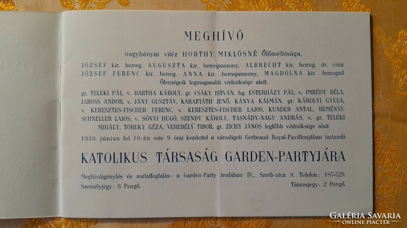 Ball invitation, patroness Miklós Horthy 1939.