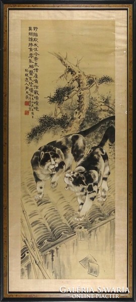 1Q524 xx. Huge 19th century Japanese artist: cats on the roof 126cm x 56cm