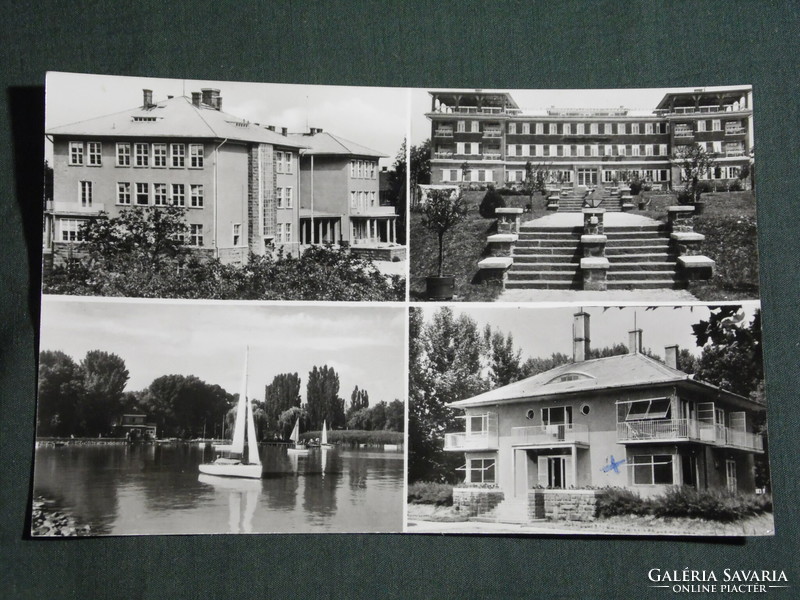 Postcard, Balatonalmádi, mosaic details, resort, hostel, pier, harbor, sailing ship