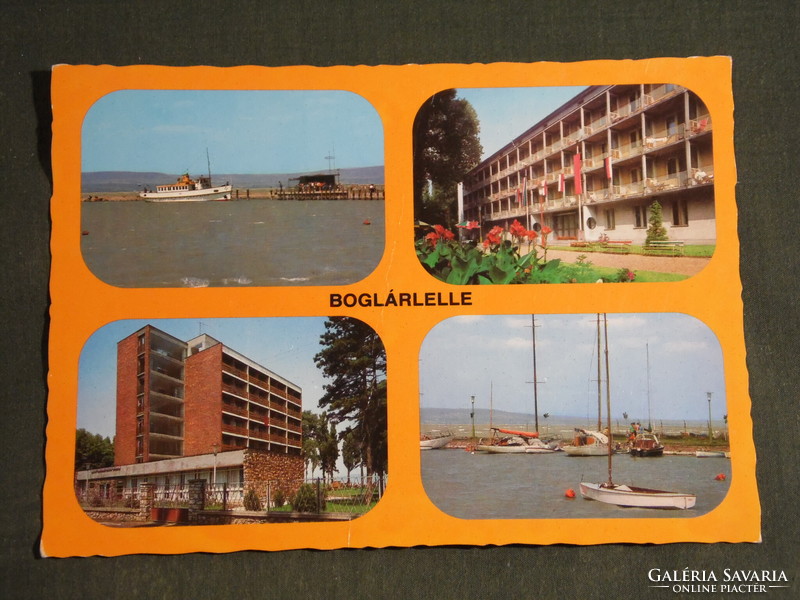 Postcard, pumpkin figure, mosaic details, beach, pier, harbor, resort, sailing ship