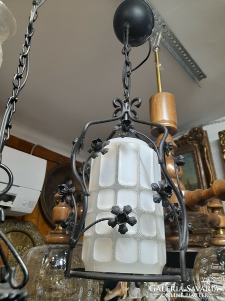 Retro wrought iron, glass-covered ceiling lamp, chandelier. 60 Cm.