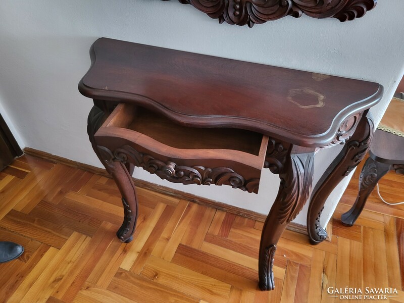 Bolivian carved wood hall reception table with drawers and mirror
