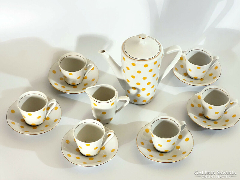 1969-70. Alföldi porcelain yellow polka dot coffee set | Retro vintage tea set for 6 people