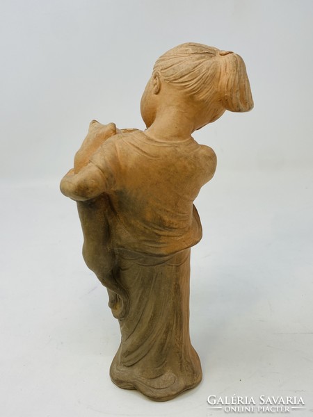 Gácser Kata "Cicát itató kislány" cuki terrakotta szobor (15cm)   RZ