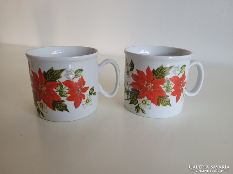 Retro Zsolnay porcelán bögre 2 db mikulásvirág mintás régi teás csésze