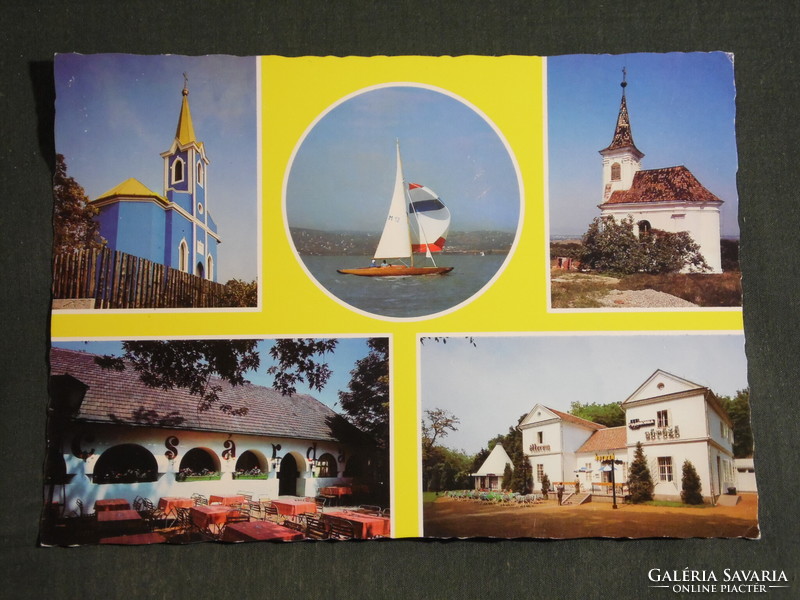 Postcard, pumpkin figure, mosaic details, inn, pub, restaurant, park, church, view of sailing ship