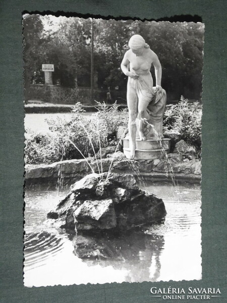 Postcard, balaton boglár, park detail, nude statue of a girl entering water, fountain