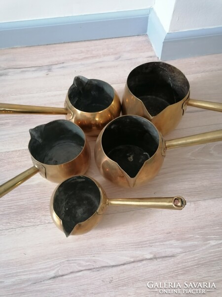 Set of 5 antique French copper pourers and legs