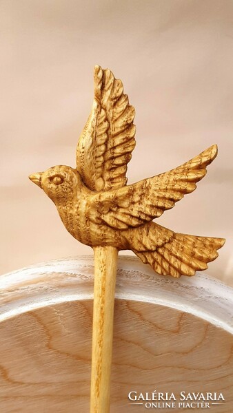 Hairpin, hair ornament carved from ash wood with a flying bird pattern