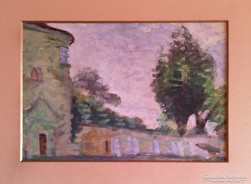 Castle park. Marked painting, approx. 1938. In its original frame.