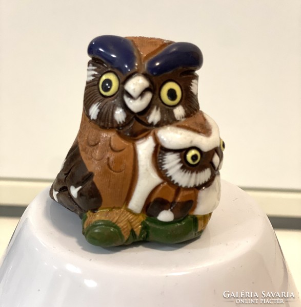 From the owl collection, old marked bj ceramic owl and chicks figure ornament small statue 5 cm