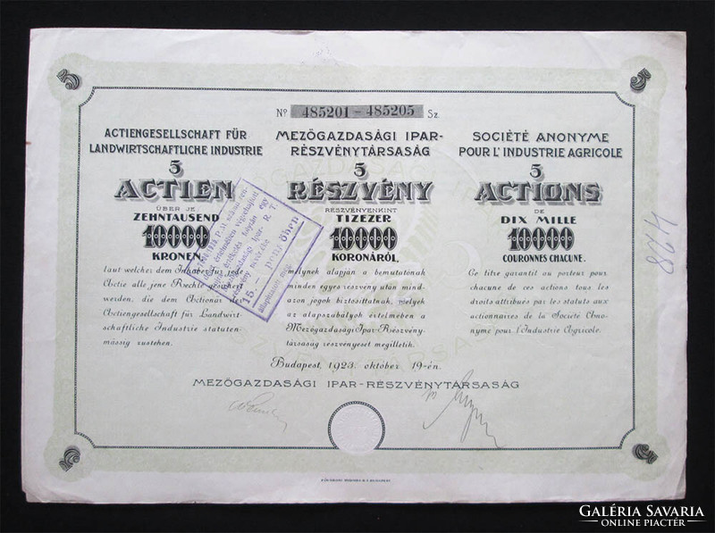 Mezőgazdasági Ipar Részvénytársaság részvény 5x10000 korona 1923