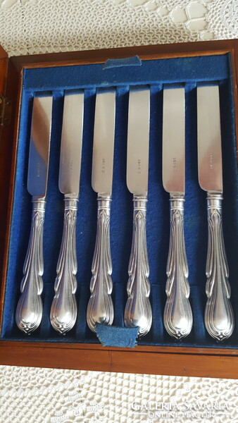 Antique silver-plated dessert and fruit cutlery set in a wooden box