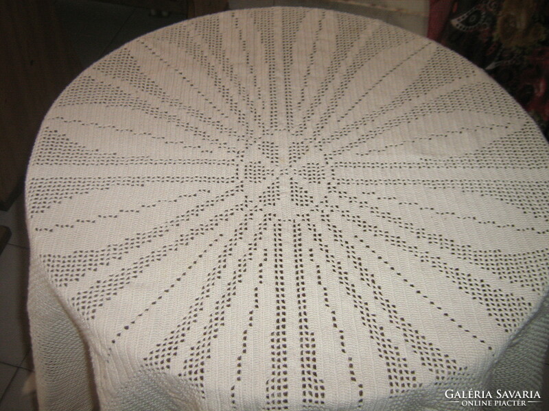Beautiful crocheted beige floral oval needlework tablecloth