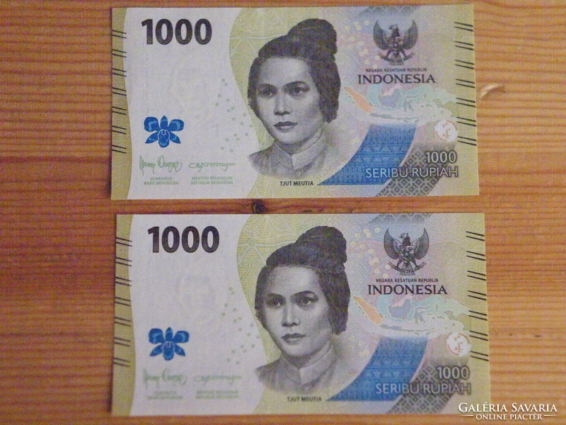 Unc 2 pieces Indonesia 1000 rupiah 2022 unfolded - serial numbered banknote -