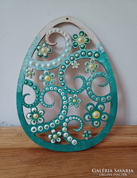 New! Turquoise green openwork wooden egg, hand painted, 18.5x14cm