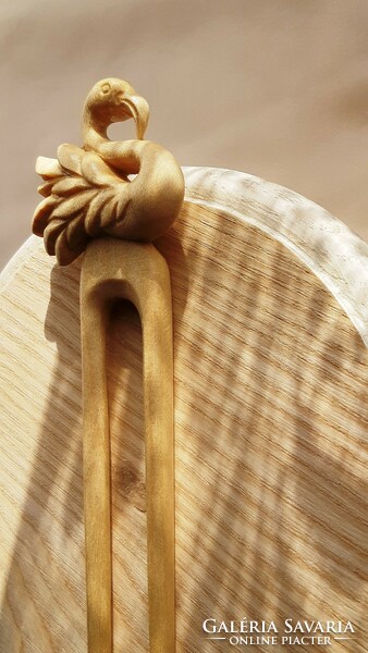 Hairpin, hair ornament carved from maple wood with water bird pattern