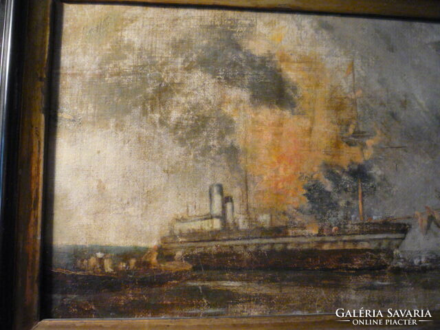 Antik hajós olajfestmény, Tengeri jelenet ismeretlen festőtől 2402 22
