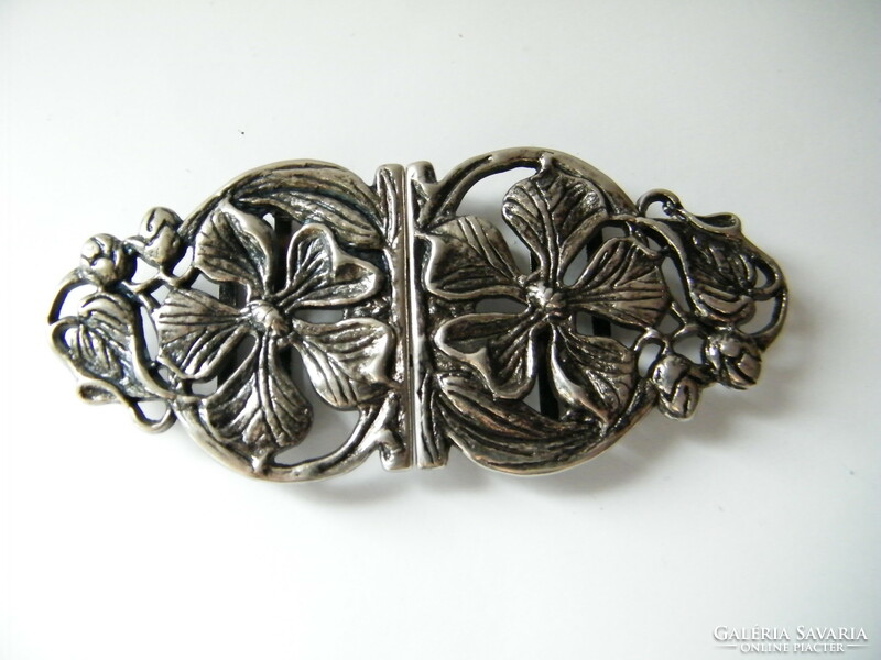 Belt buckle in art deco style, silver-plated magnolia pattern