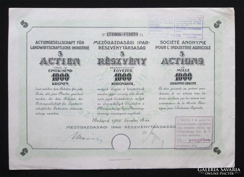 Mezőgazdasági Ipar Részvénytársaság részvény 5x1000 korona 1922