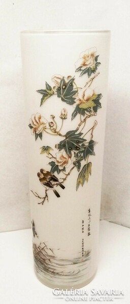 Modern handmade milk glass vase from Hong Kong. With a beautiful tendril and bird pattern