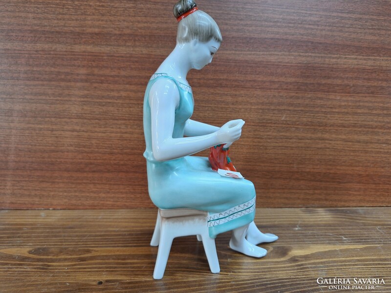 Hollóháza porcelain figural sculpture, hand-painted girl stringing peppers. 25 cm high. HUF 5900