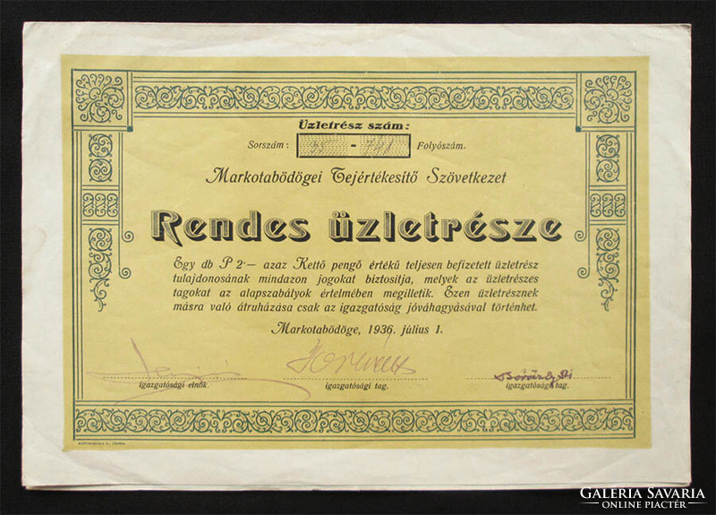 Markotabödögei Tejértékesítő Szövetkezet rendes üzletrész 2 pengő 1936 - Markotabödöge