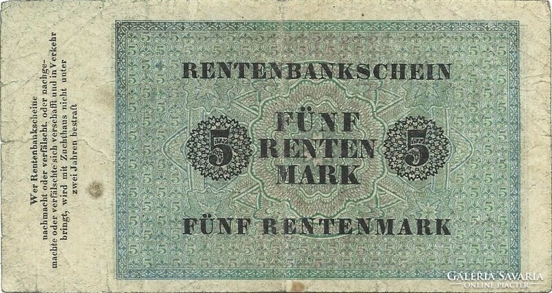 5 rentenmark 1923 7 jegyű sorszám Németország Ritka