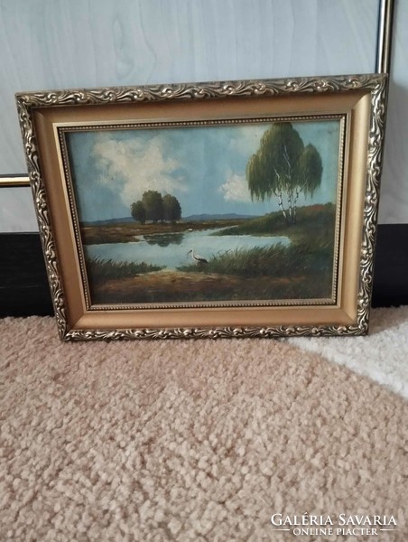 Old oil painting landscape on canvas support - stork