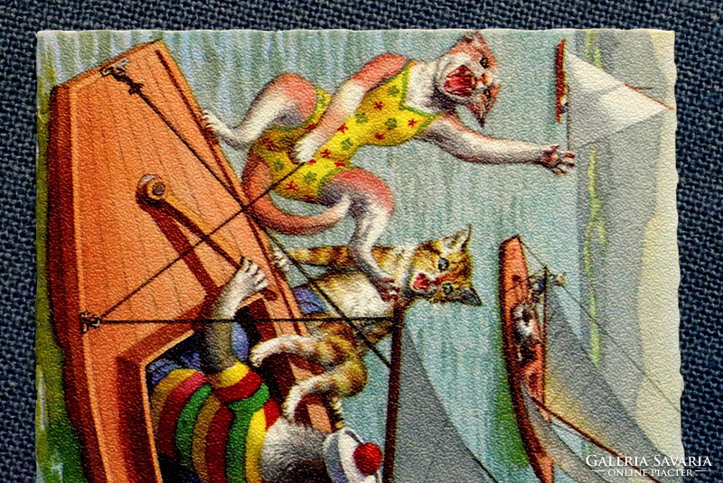 Régi retro humoros grafikus képeslap cica  - hajózás