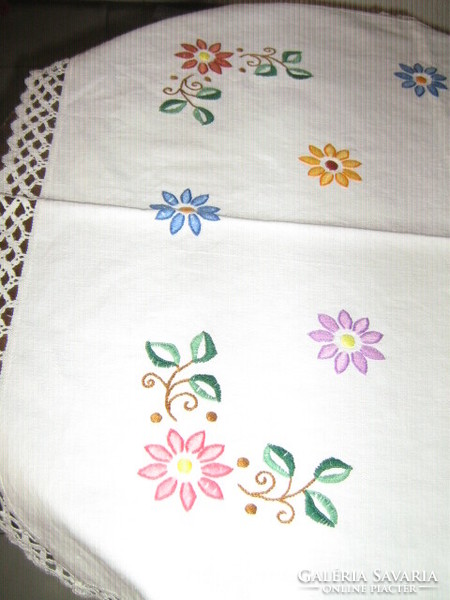 Beautiful hand-embroidered antique lace-edged colorful floral woven linen tablecloth