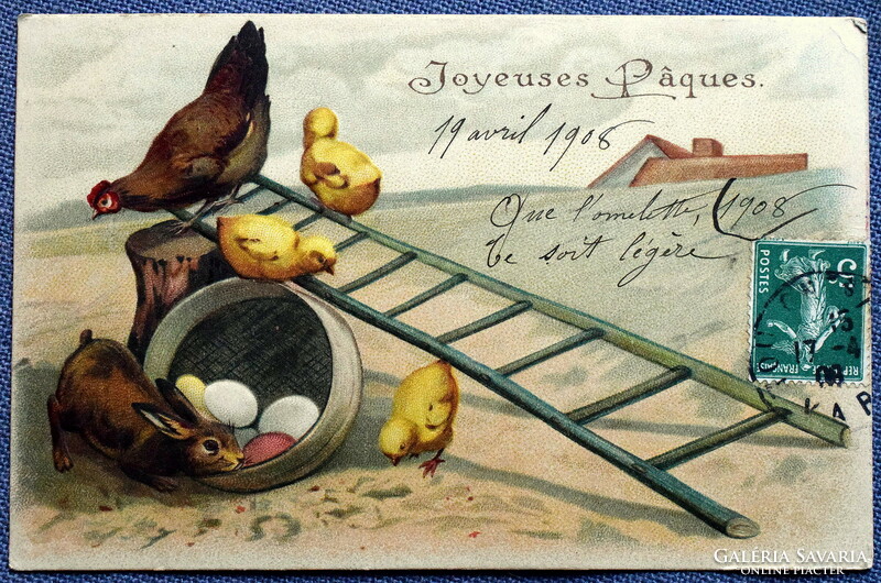 Antik dombornyomott Húsvéti üdvözlő képeslap  1909ből