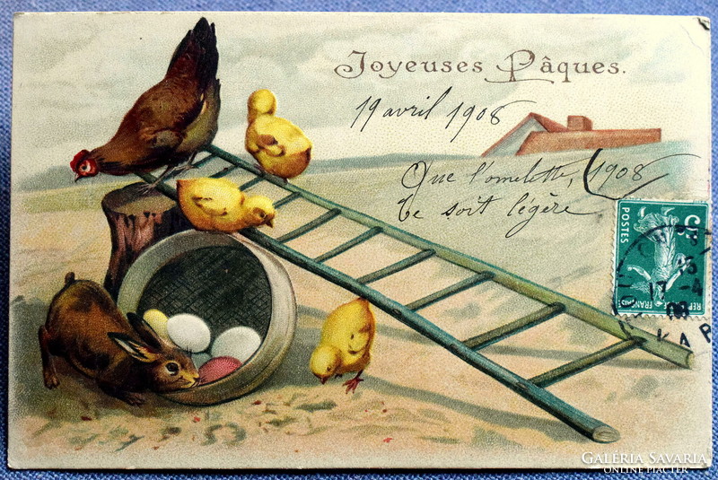 Antik dombornyomott Húsvéti üdvözlő képeslap  1909ből