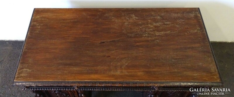 1Q562 Antik dúsan faragott alakos strázsa díszítéses íróasztal 80 x 160 cm