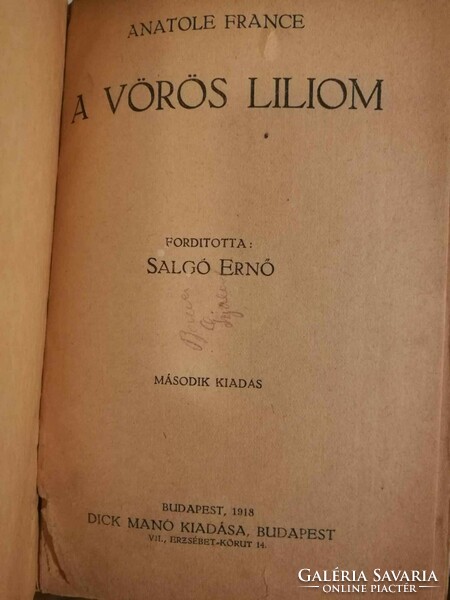 Anatole France "A vörös liliom" Dick Manó kiadása 1918