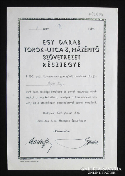 Török utca 3. Házpítő cooperative cooperative share ticket 100 pengő 1942