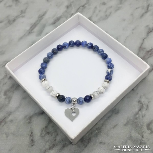 Sodalite and howlite mineral bracelet with stainless steel spacer
