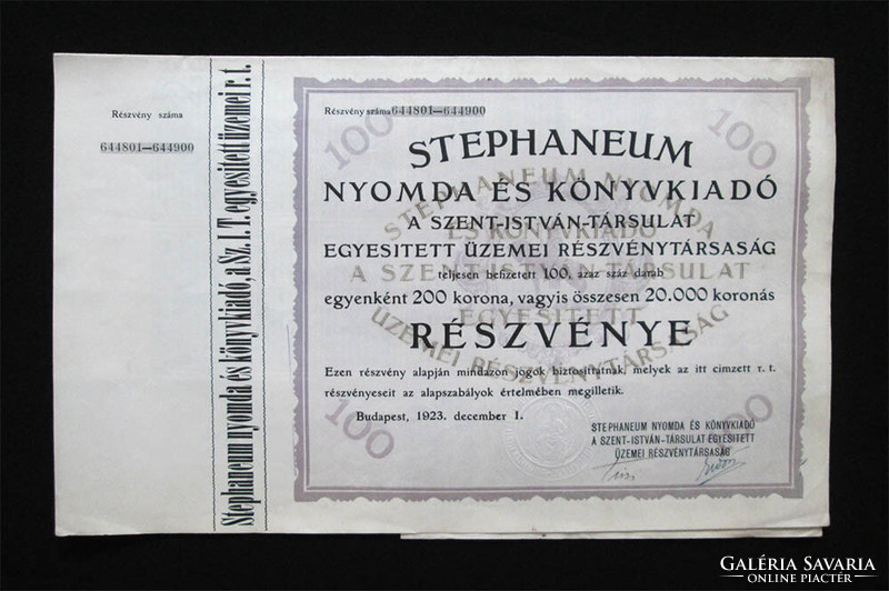 Stephaneum printing house - Szent István troupe share 100x200 crowns 1923
