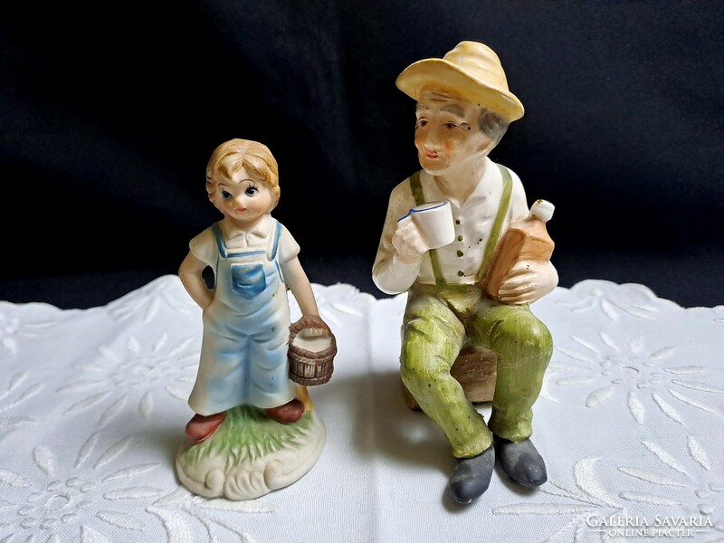 Wine-making grandpa and little boy's grandson, 2 pieces of biscuit porcelain
