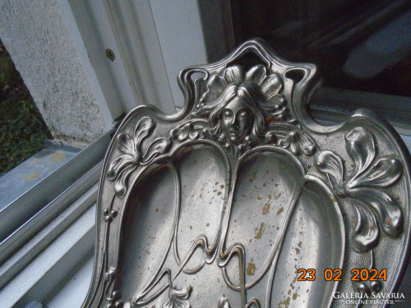 Art Nouveau handmade wall decoration crumb tray with repoussé lady's head and flowers