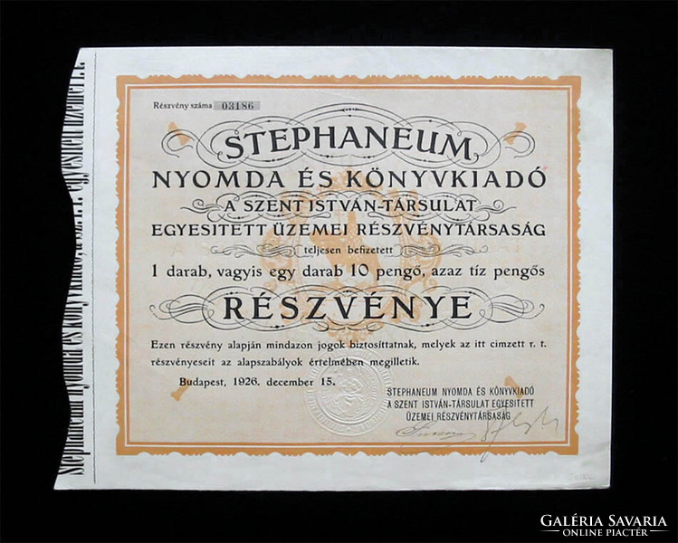 Stephaneum Nyomda - Szent István Társulat részvény 10 pengő 1926