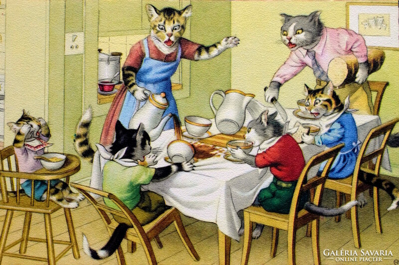 Old retro humorous graphic postcard cat family at the breakfast table