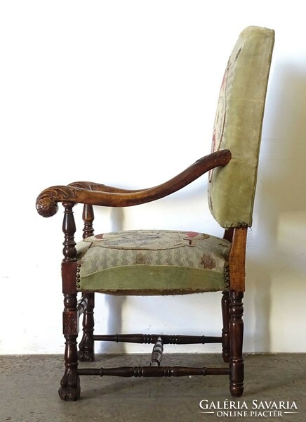 1Q573 Antik faragott gobelin díszes kárpitozott nagyméretű iróasztalhoz való szék