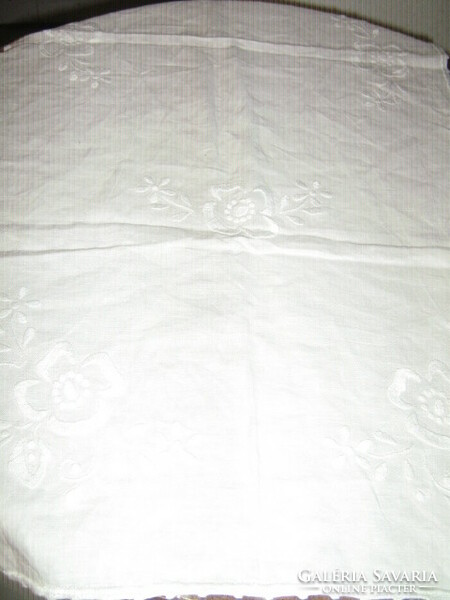 Beautiful handmade antique off-white canvas tablecloth running with white flowers