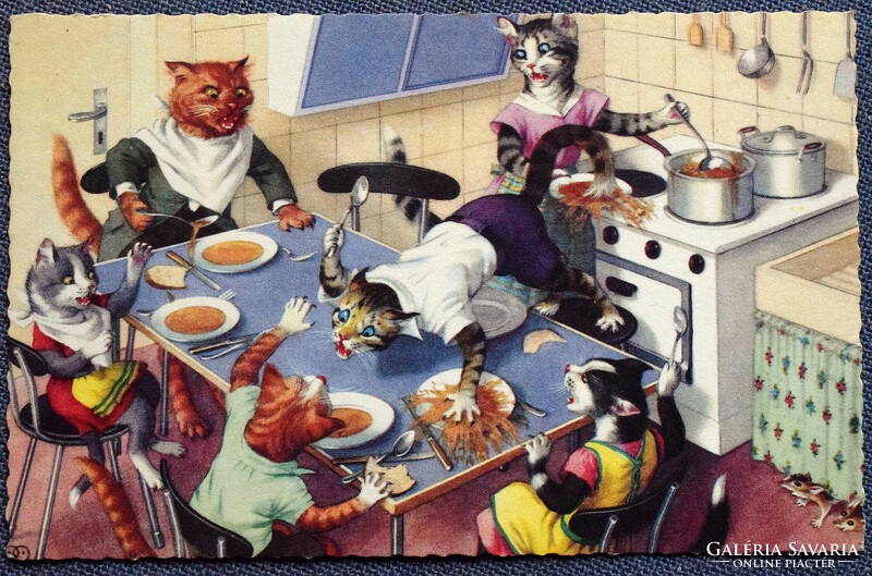 Régi retro humoros grafikus képeslap cica  család  ebédel