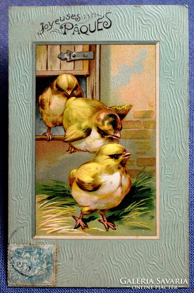 Antik dombornyomott Húsvéti üdvözlő képeslap - csibék   1906ból