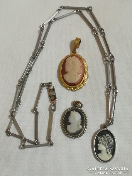 3 antique camea pendants + 1 chain.