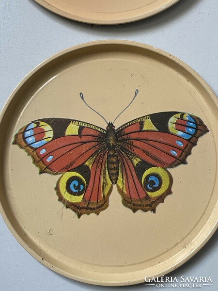 2 Retro round metal trays with butterfly decoration, 24 cm