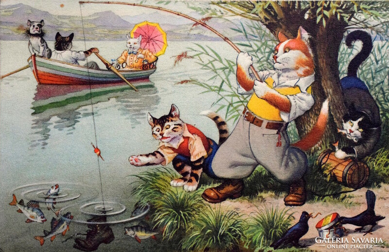 Régi retro humoros grafikus képeslap cica  horgászok, csónakázók